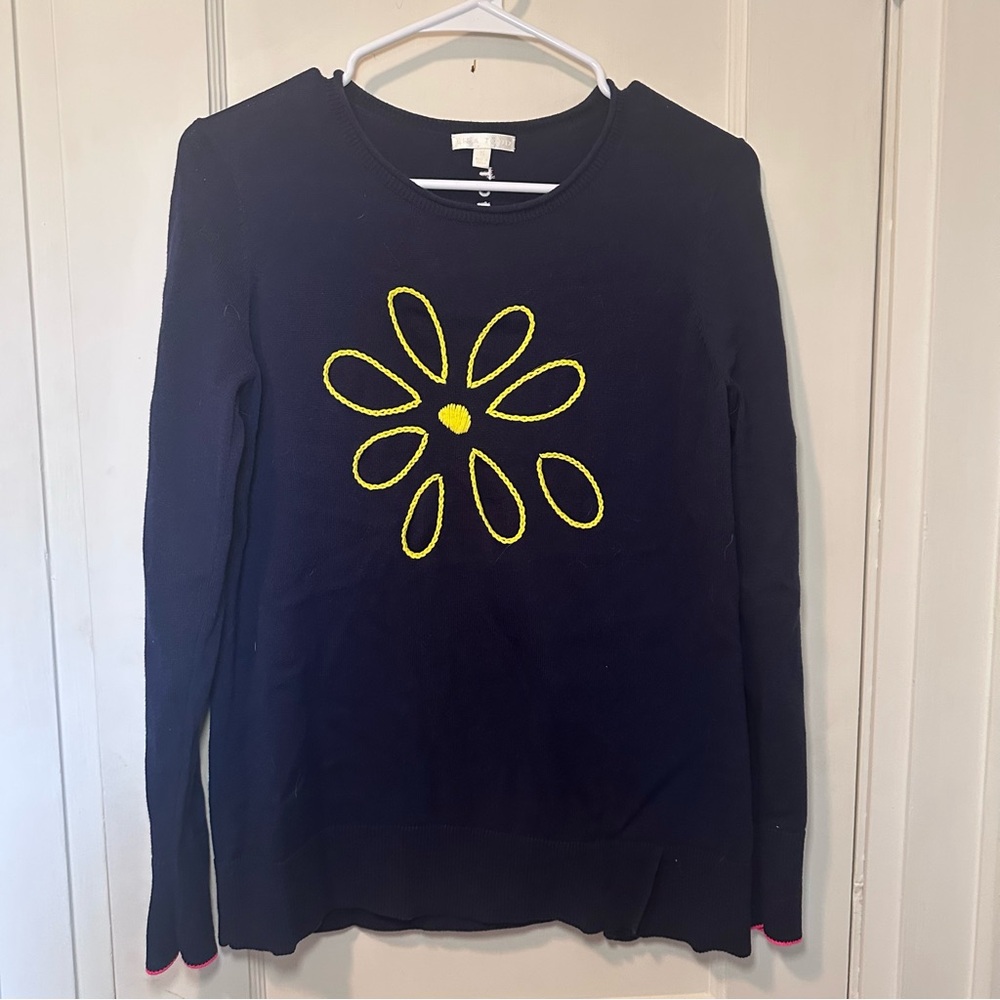 Lisa Todd Navy 100% Cotton Sweater with Yellow Embroidered Daisy & Text on Back